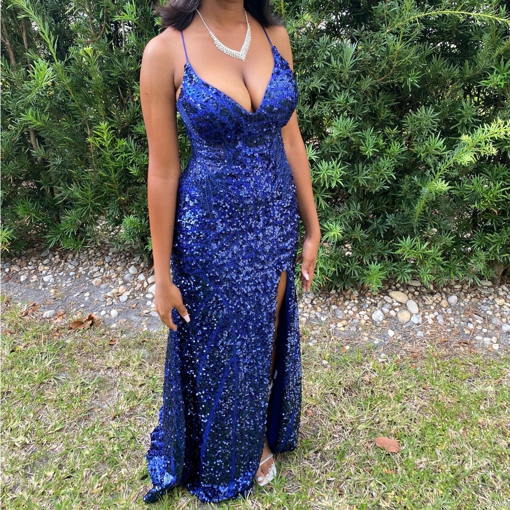 Navy blue sequin prom dress criss cross back #glam